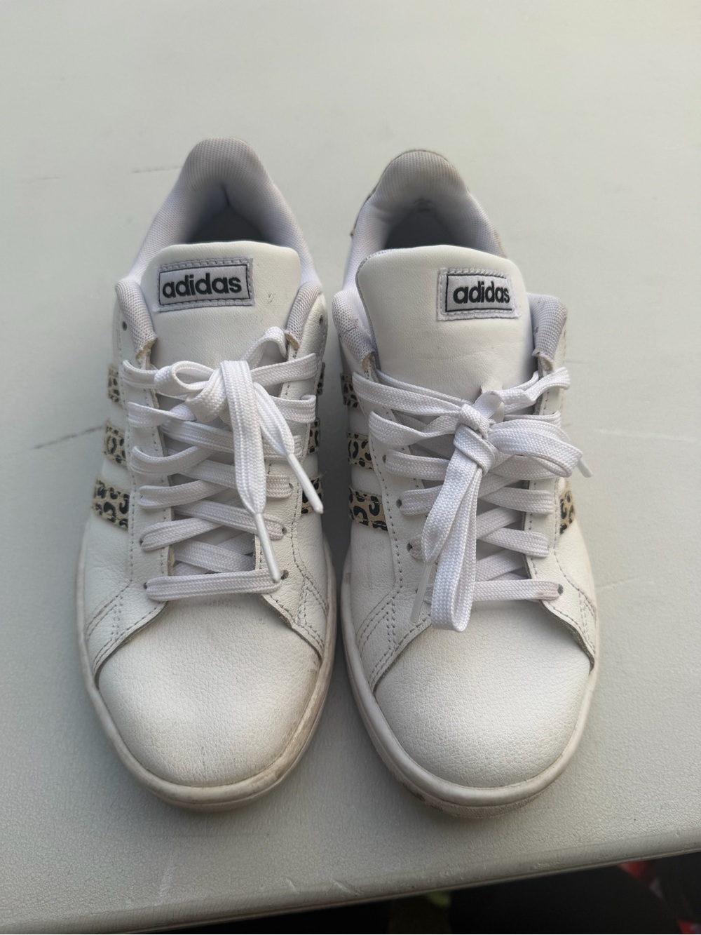 adidas White Sneakers with Leopard Print Stripes